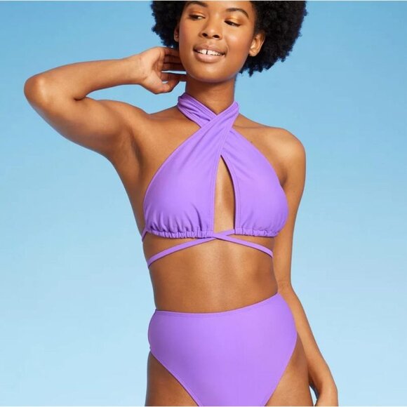 WILD FABLE BIKINI TOP MULTI WEAR CROSS HALTER TRIANGLE PURPLE WOMEN'S XS - Picture 3 of 7